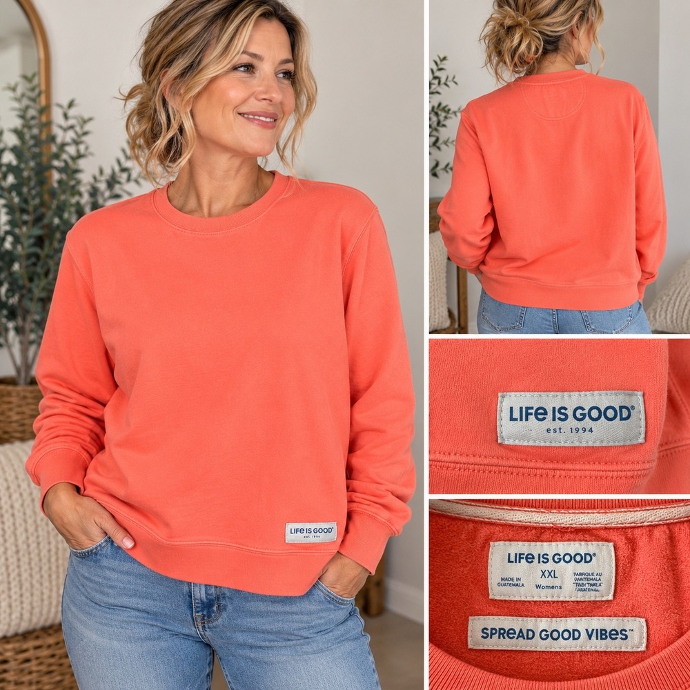 Life is Good Womens XXL Coral Pink Cotton Fleece Crewneck Sweatshirt S22-W10238